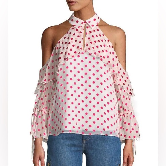 Alice + Olivia Tops - Alice + Olivia Blayne Cold Shoulder Ruffle Blouse Sz S Pink Polka Dot